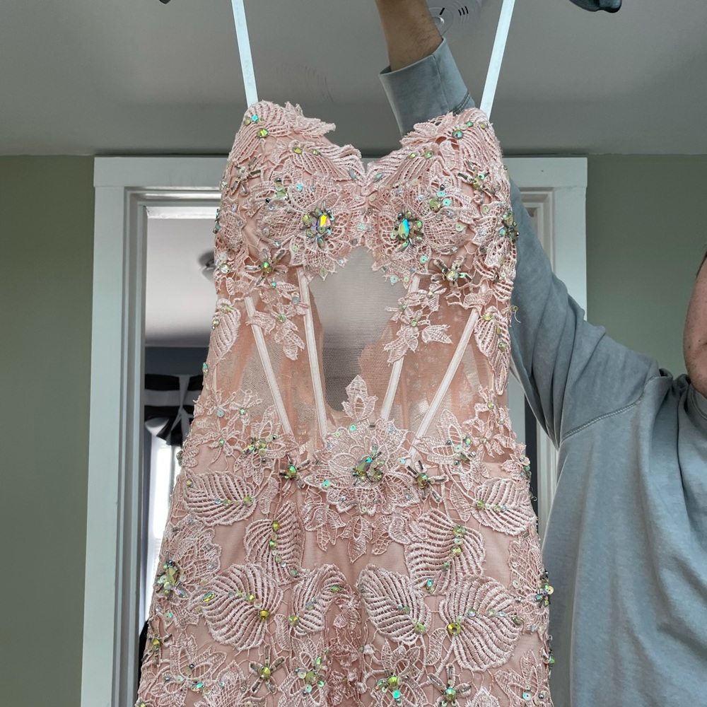 Designer Prom Dress - Size 6, Baby Pink Sequin & Lace